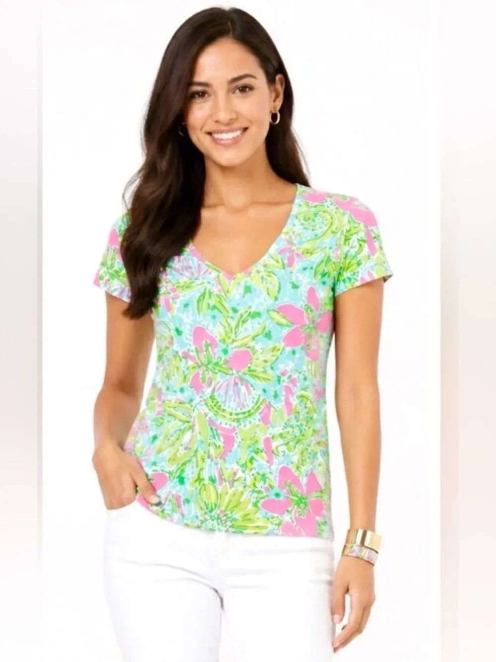 Lilly Pulitzer Womens Michele Coconut Grove Floral Bright V-Neck Tee SZ XS